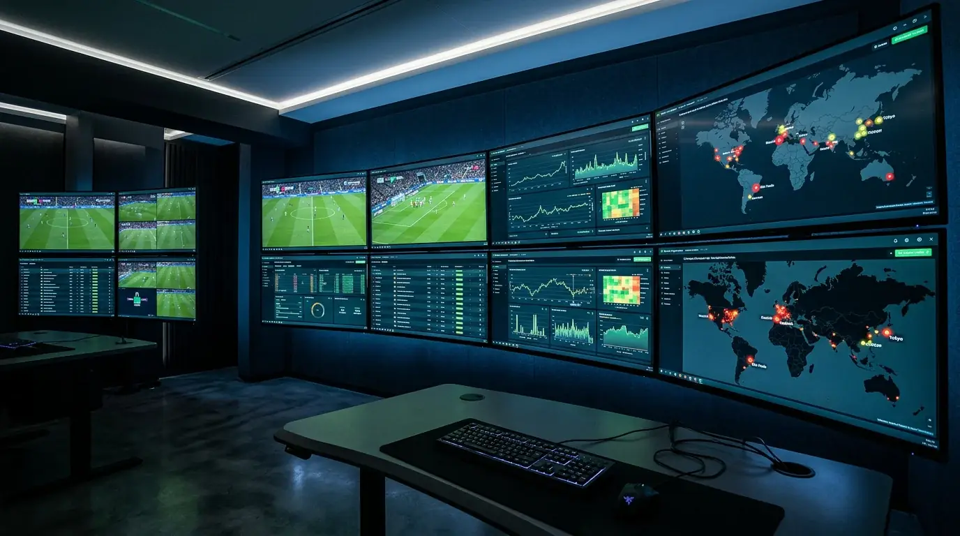 Centro de monitorización de integridad deportiva con pantallas mostrando datos de partidos de fútbol en tiempo real